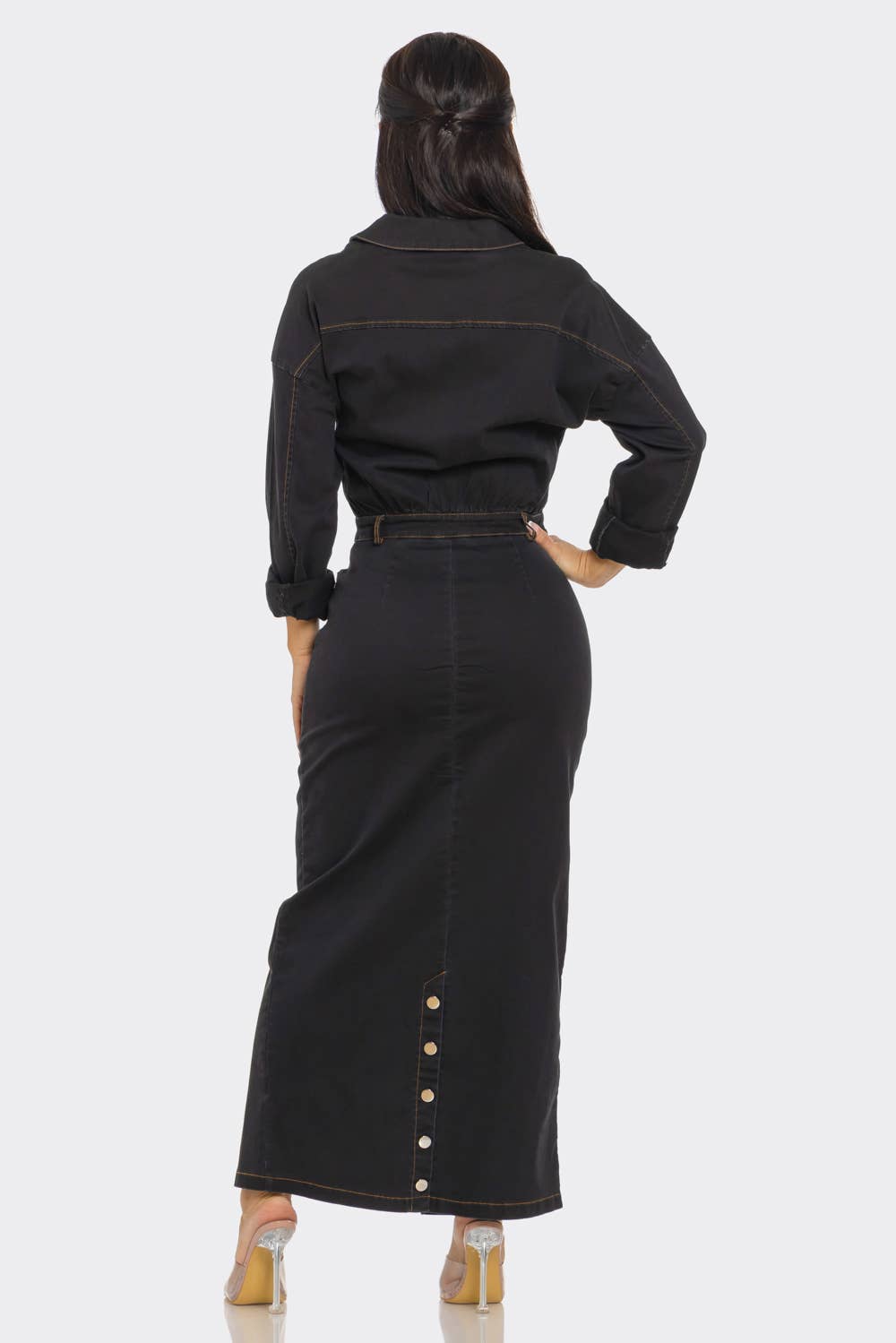 black denim dress zipper front Black Zip-front Denim Maxi Dress