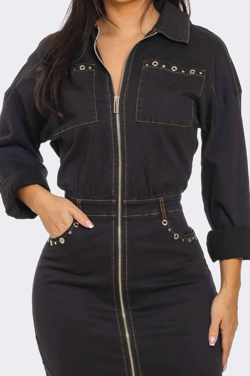 black denim zip dress Black Zip-front Denim Maxi Dress